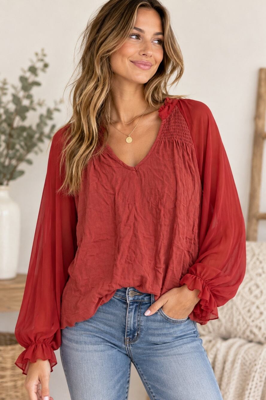 Umgee Rust Red Boho Blouse Sheer Balloon Sleeve Smocked V Neck Top size Large